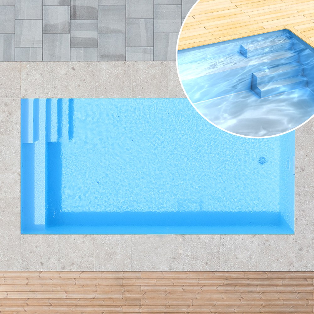 Styroporpool, 800 x 400 x 150 cm, Komplettset mit Treppe rechts und Sitzbank