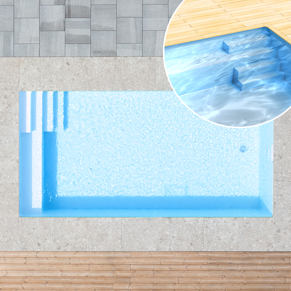 Styroporpool, 900 x 500 x 150 cm, Komplettset mit Treppe rechts und Sitzbank