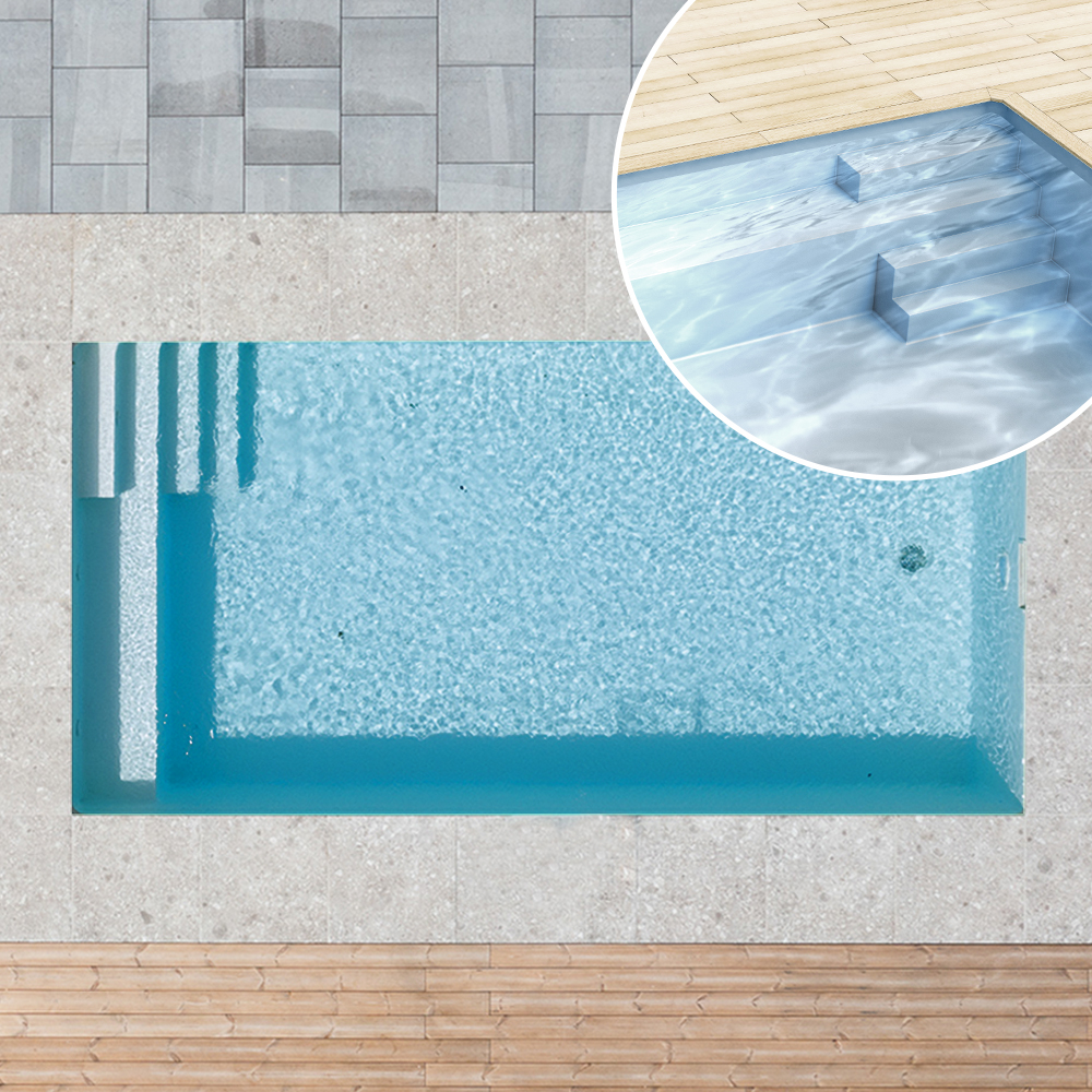 Styroporpool, 700 x 350 x 150 cm, Komplettset mit Treppe rechts und Sitzbank