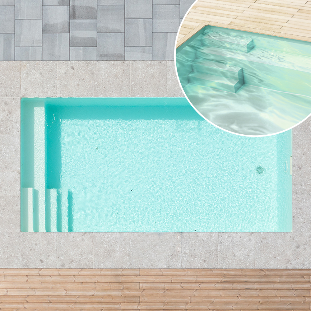 Styroporpool, 900 x 500 x 150 cm, Komplettset mit Treppe links und Sitzbank