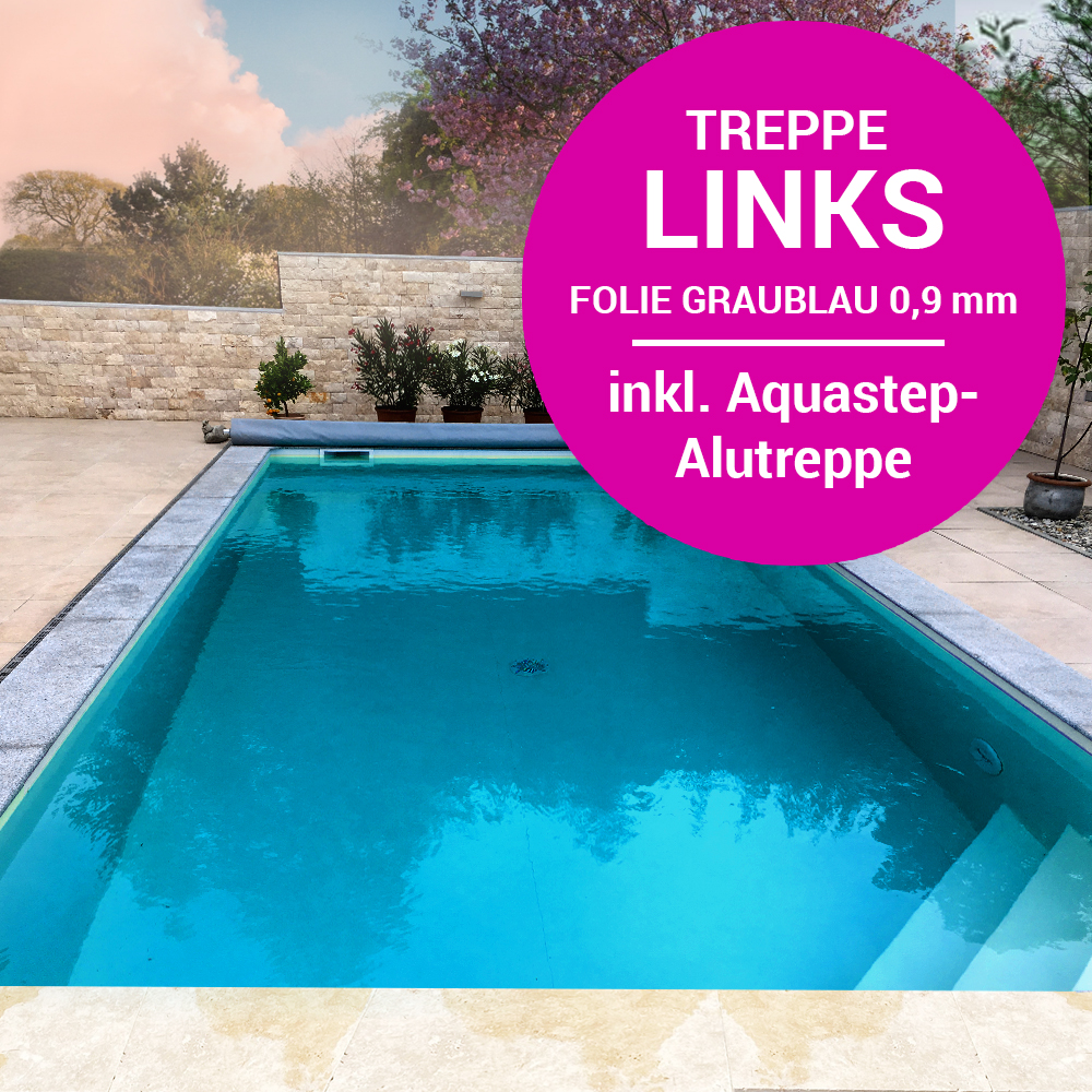 Styroporpool 600 x 300 x 150 cm, Basisset mit AQUASTEP Ecktreppe links, graublau