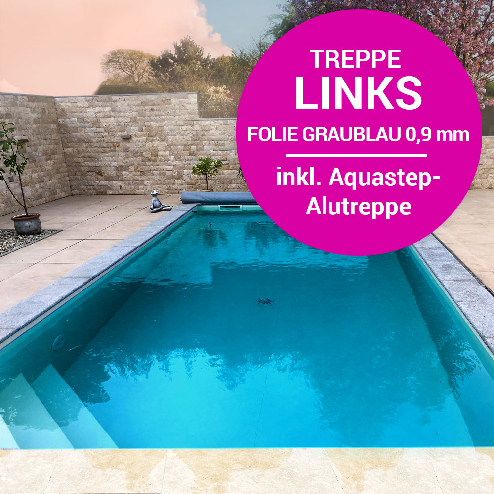 Styroporpool 600 x 300 x 150 cm, Basisset mit AQUASTEP Ecktreppe links, graublau